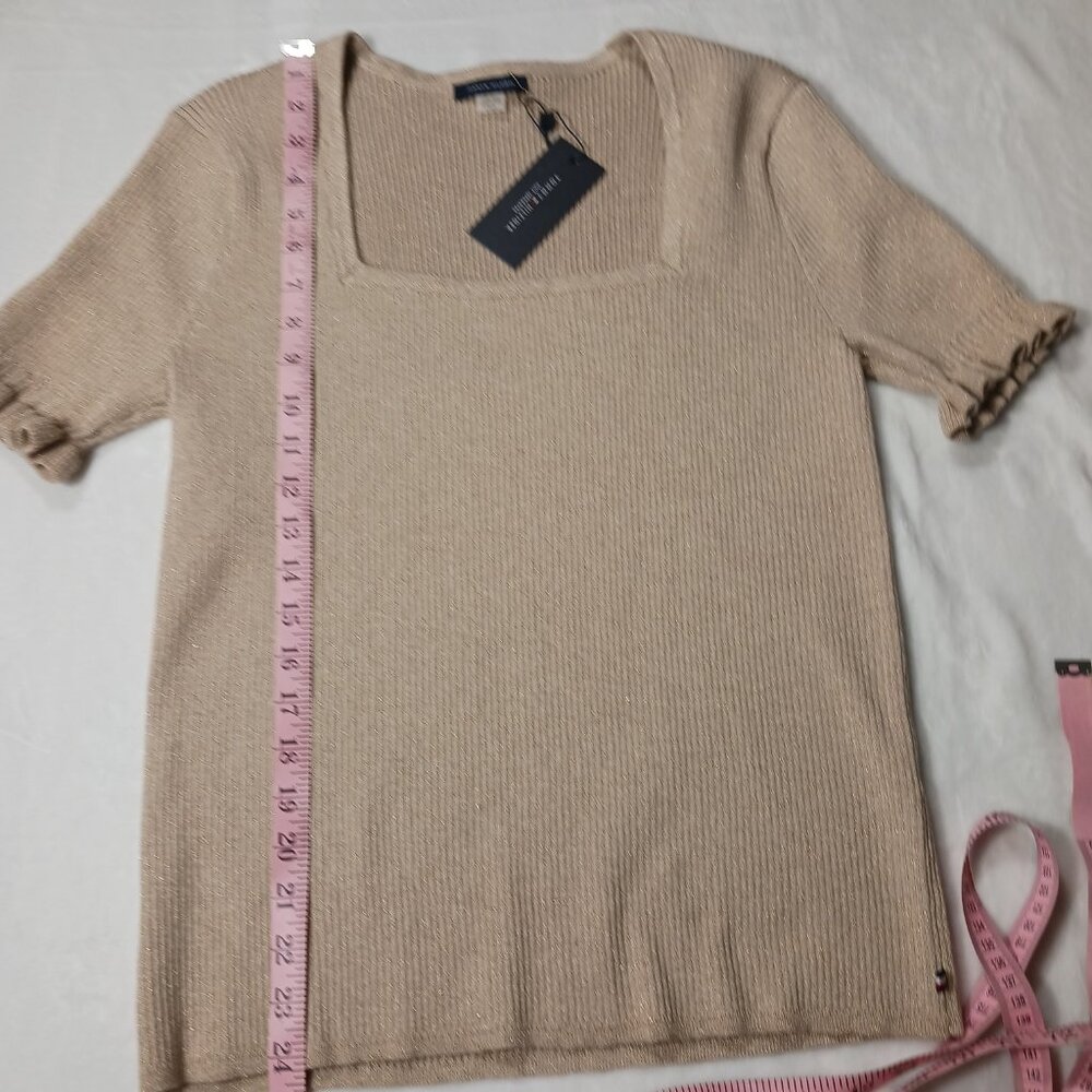 Tommie Hilfiger, NWT, Large, Short Sleeve Sweater, Metallic Gold, Neutral - Picture 11 of 16